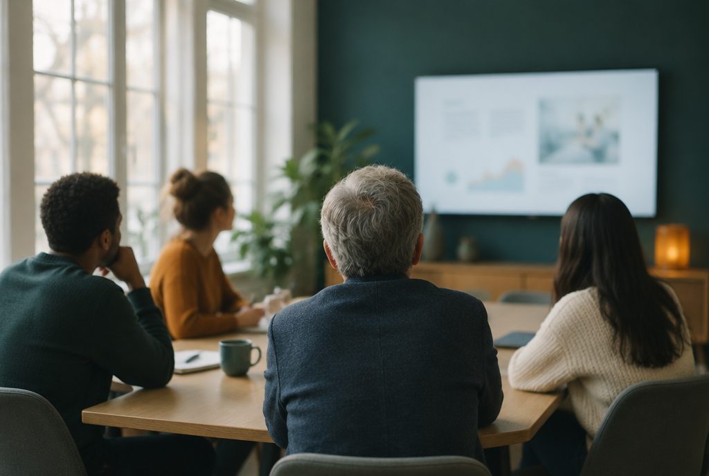 A small leadership team around a wooden table reviewing goals together on a wall display